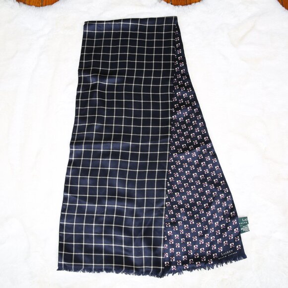 LAUREN RALPH LAUREN 100% Silk Navy Blue Foulard Print Scarf - Reversible Motif - Picture 5 of 10